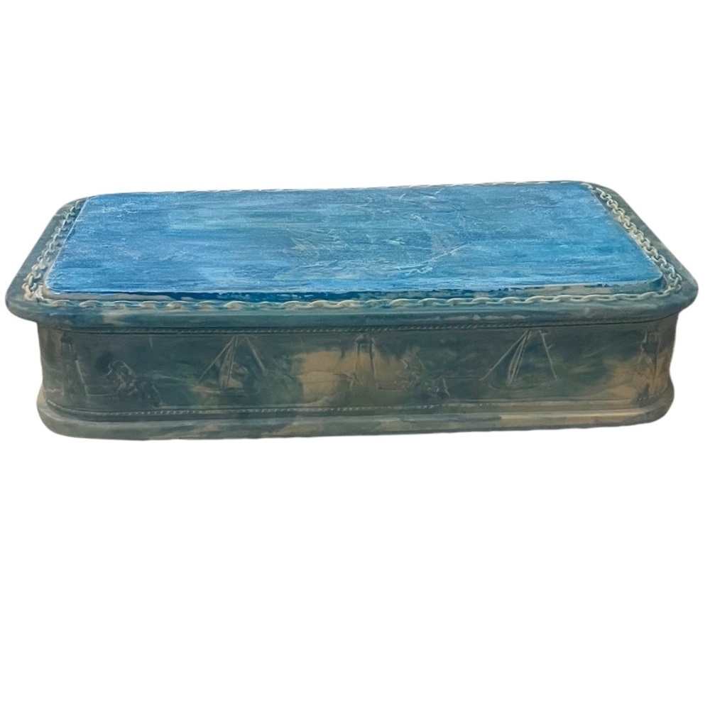 INCOLAY‎ CARVED NAUTICAL SCENES STONE BLUE &  WHITE LIDDED BOX RECTANGULAR